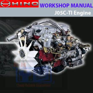 Hino J05C-TI Engine Workshop Manual cover featuring technical illustrations and detailed specifications for engine maintenance