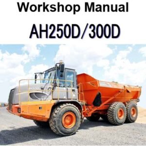 Hitachi AH250D and AH300D articulated dump workshop manual cover, featuring technical diagrams and maintenance instructions