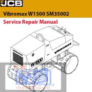 Service repair manual cover for JCB Vibromax W1500 road roller, featuring technical illustrations and specifications