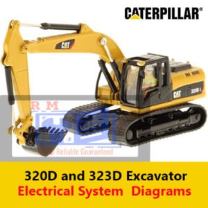 Electrical system diagram for Caterpillar 320D and 323D excavators, detailing components and connections