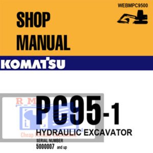 Komatsu PC95-1 Excavator Workshop Manual, showcasing the title and technical drawings for repair guidance