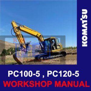 Workshop manual cover for Komatsu PC100-5 and PC120-5 excavators, featuring detailed diagrams and maintenance instructions