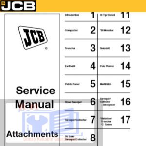 the JCB General Attachments Service Repair Manual, displaying machinery graphics and service information