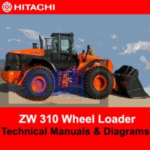 Technical manuals and diagrams for Hitachi ZW310 Wheel Loader, detailing specifications and operational guidelines