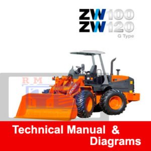 Technical manual and diagrams for Hitachi ZW 100 and ZW 120G wheel loaders, detailing specifications and maintenance procedures
