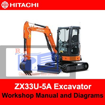 Hitachi ZX33U-5A Excavator workshop manual cover featuring diagrams and technical information for maintenance and repair