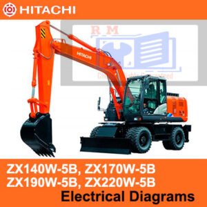 Diagrams illustrating electrical systems for Hitachi ZX140W-5B, ZX170W-5B, ZX190W-5B, and ZX220W-5B excavators