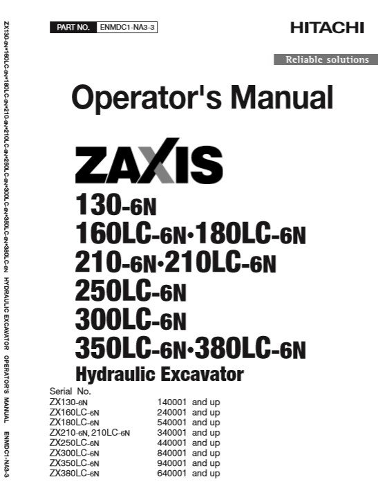 Hitachi ZX130-6, Hitachi ZX160-6, Hitachi ZX180-6, Hitachi ZX210, Hitachi ZX250-6,Hitachi ZX300-6, Hitachi ZX350-6, Hitachi ZX380-6 Operators Manual - Image 2