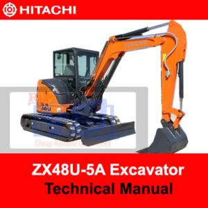 Technical manual cover for Hitachi ZX48U-5A Excavator, featuring detailed specifications and operational guidelines