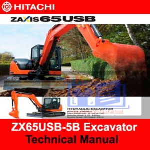 Technical handbook for the Hitachi ZX65USB-5B excavator, showing key data and diagrams for use and upkeep
