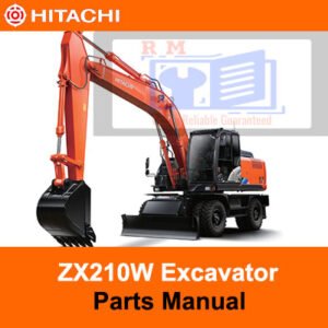 Parts manual for Hitachi Zaxis ZX210W Wheel Excavator, displaying an image of the excavator and detailed parts information