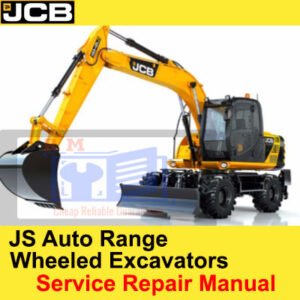 Service repair manual for JCB wheeled excavator, displaying an excavator working in a construction environment