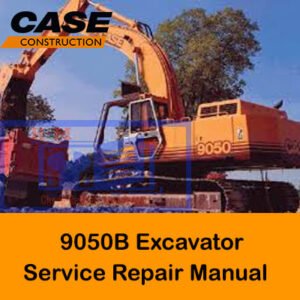Case 9050B Excavator Service Repair Manual, showcasing the title and technical graphics related to the excavator