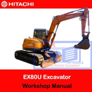 Hitachi EX80U Excavator Workshop Manual, showcasing the title and detailed diagrams for repair and maintenance