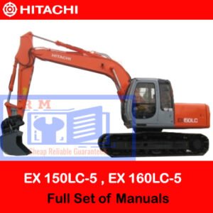 Collection of manuals for Hitachi EX 150LC-5 and EX 160LC-5 excavators laid out on a desk