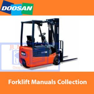 Collection of Doosan forklift manuals displayed on a wooden table, showcasing various models and technical specifications