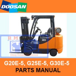 Parts manual for Doosan G20E-5, G25E-5, and G30E-5 forklifts, detailing components and assembly instructions