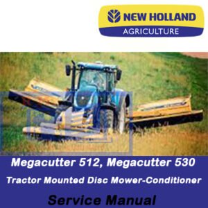 Manual detailing service instructions for New Holland Megacutter 512 and 530 disc mower-conditioner