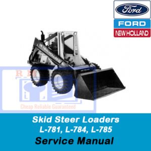 Service manual cover for New Holland L-781, L-784, and L-785 skid steer loaders, featuring technical illustrations and details