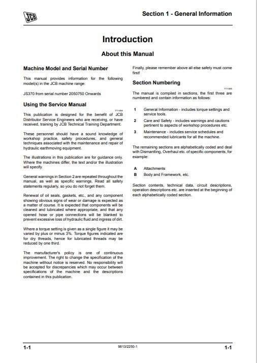 JCB JS 370 Excavator Service Repair Manual - Image 3