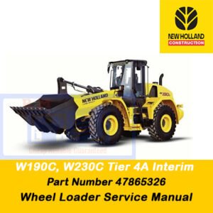 Service manual cover for New Holland W190C and W230C Wheel Loaders, featuring technical diagrams and maintenance guidelines