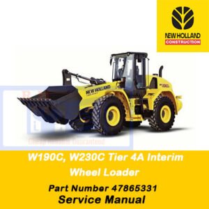 Service manual cover for New Holland W190C and W230C Wheel Loaders, featuring technical specifications and maintenance guidelines