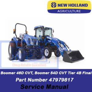 Service manual cover for New Holland Boomer 46D and 54D CVT tractors, featuring technical specifications and maintenance guidelines