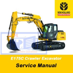 Service repair manual cover for New Holland E175C Excavator, featuring technical illustrations, detailed repair and maintenance instructions