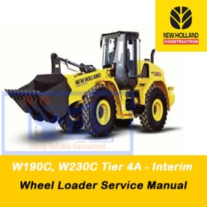 Service manual cover for New Holland W190C and W230C Wheel Loaders, featuring technical specifications and maintenance guidelines