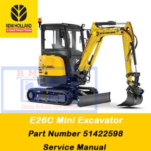 New Holland E26C Mini Excavator service manual cover featuring the model and technical details for maintenance guidance