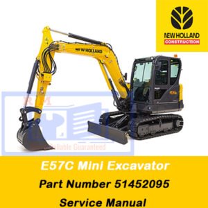 Service manual for New Holland E57C Mini Excavator, showcasing the model and essential maintenance information