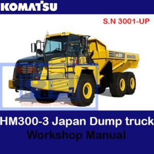 Workshop manual for Komatsu HM300-3 dump truck, displaying technical drawings and essential service guidelines