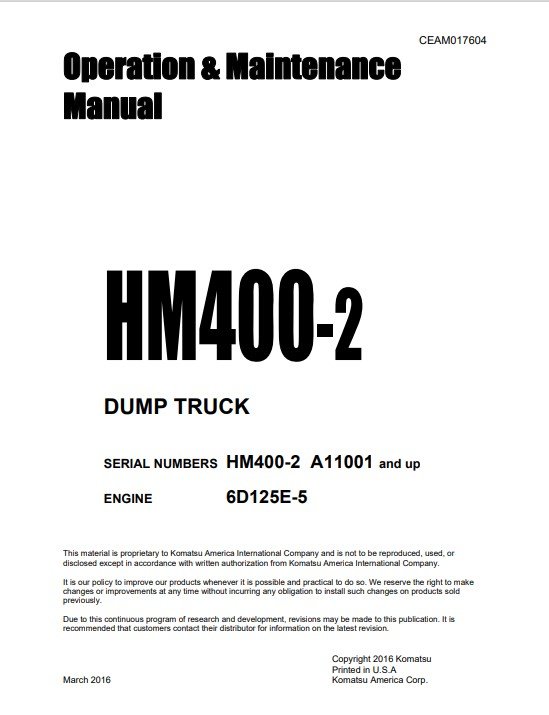 Komatsu HM400-2 USA Dump Truck Operation and Maintenance Manual - Image 2
