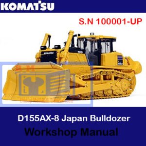Komatsu D155AX-8 bulldozer workshop manual cover featuring technical illustrations and specifications for maintenance