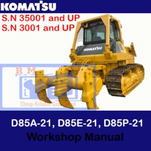 Komatsu D85A-21, D85E-21, and D85P-21 bulldozer workshop manual cover, showcasing essential operational and service information