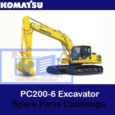 Komatsu PC200-6 Excavator spare parts catalogue cover featuring detailed parts listings and diagrams for maintenance
