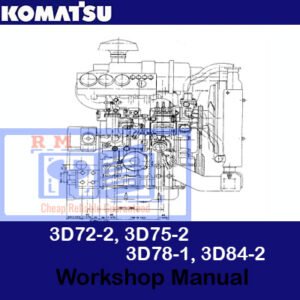 Workshop manual cover for Komatsu 3D72-2, 3D75-2, 3D78-1, and 3D84-2 engine series, featuring technical illustrations and details