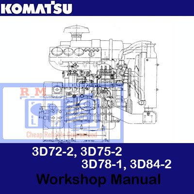 Workshop manual cover for Komatsu 3D72-2, 3D75-2, 3D78-1, and 3D84-2 engine series, featuring technical illustrations and details