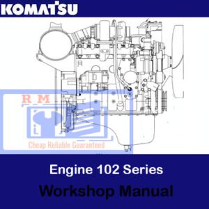 Front cover of the Komatsu 102 Engine Series Workshop Manual, highlighting technical drawings and maintenance procedures for engines