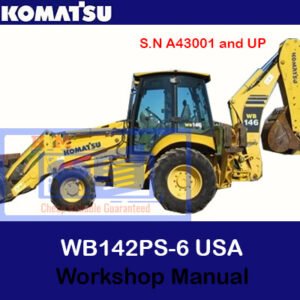 Workshop manual for the Komatsu WB146PS-5 USA Backhoe Loader, displaying the model name and key technical information