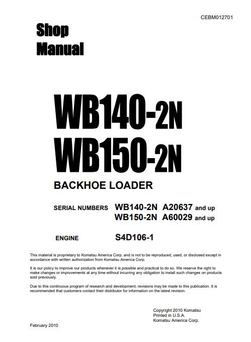 Komatsu WB140-2N, Komatsu WB150-2N USA Backhoe Loader Workshop Manual - Image 2