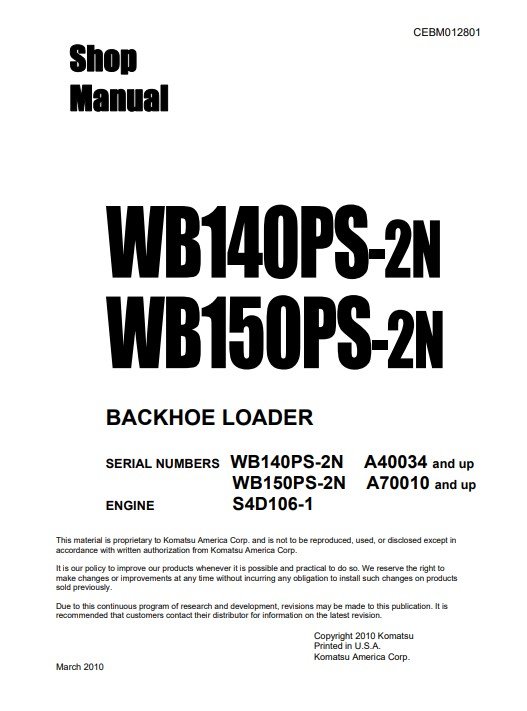 Komatsu WB140PS-2N, Komatsu WB150PS-2N USA Backhoe Loader Workshop Manual - Image 2