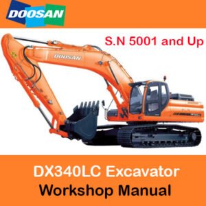 Doosan DX340LC Excavator Workshop Manual cover featuring the model name and technical illustrations