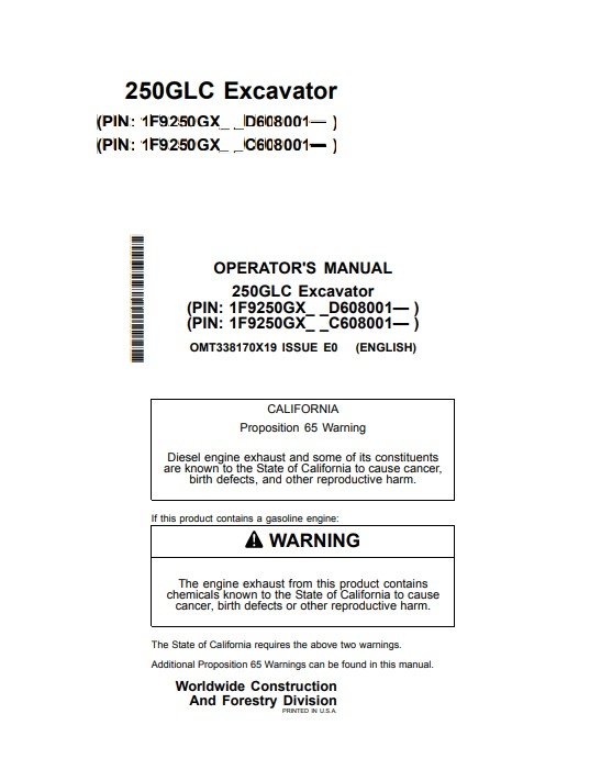 John Deere 250GLC Excavator Operator's Manual - Image 2