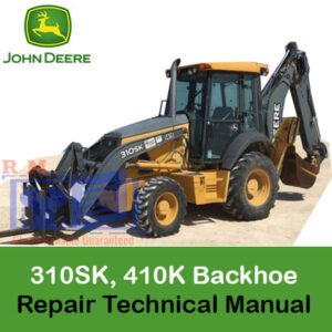 John Deere 310SK and 410K backhoe loaders with TMC repair technical manual displayed on a workbench