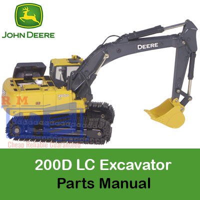 John Deere 200D LC Excavator Parts Catalog featuring an image of the excavator alongside a list of available parts
