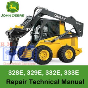Repair manual for John Deere 328E, 329E, 332E, and 333E skid steers, providing technical guidance and maintenance tips