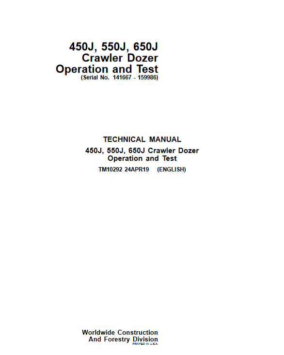 John Deere 450J, John Deere 550J, John Deere 650J Crawler Dozer Operation and Test Manual - Image 2