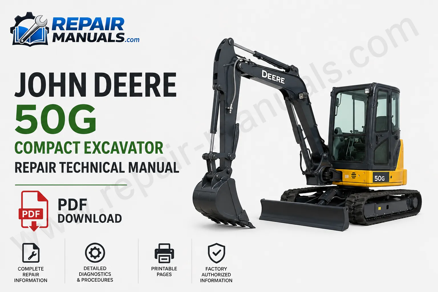 John Deere 50G Compact Excavator technical repair manual cover, outlining maintenance and repair instructions