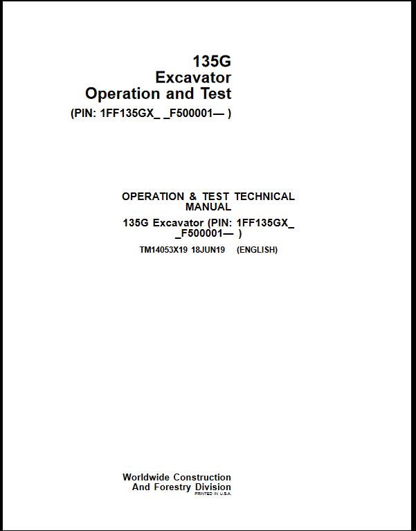 John Deere 135G Excavator Operation and Test Manual - Image 6